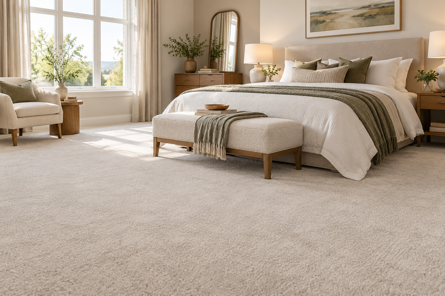 Illustrative contemporary bedroom with neutral carpet